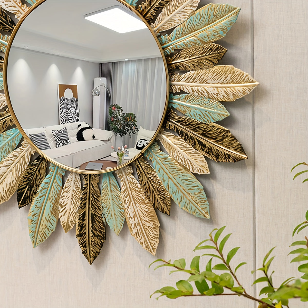 Bohemian Metal Wall Mirror | Teal & Gold Leaf Design – Home Decor, Wall Art