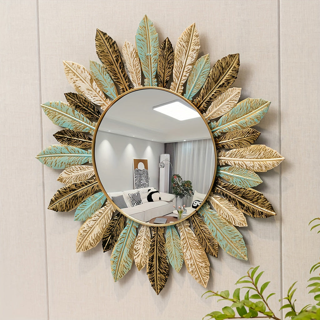 Bohemian Metal Wall Mirror | Teal & Gold Leaf Design – Home Decor, Wall Art