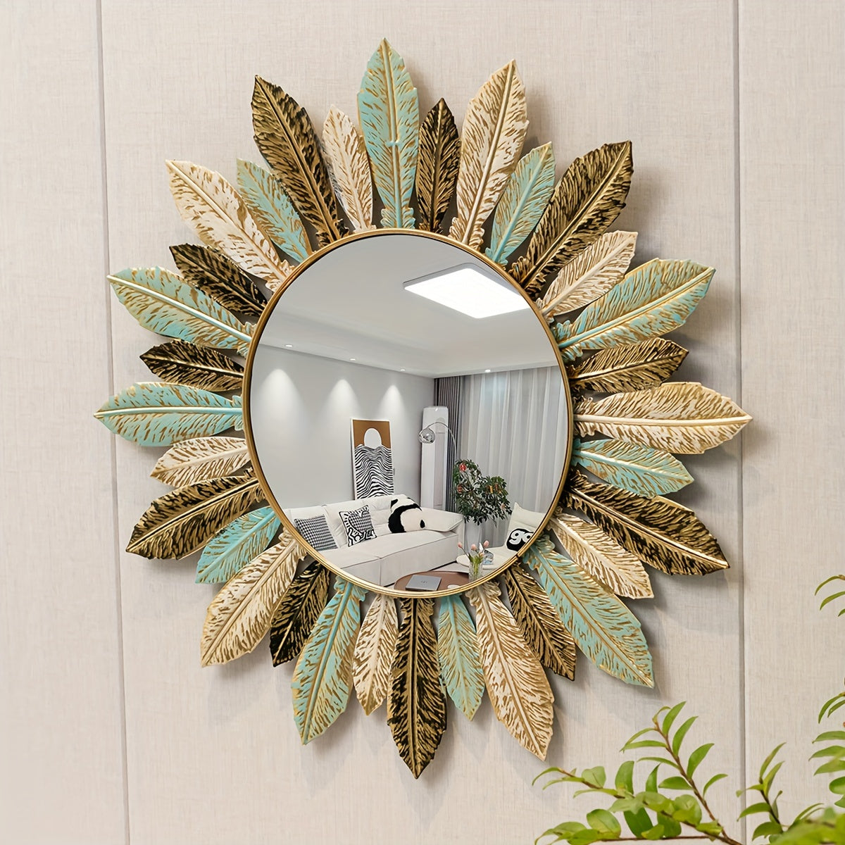 Bohemian Metal Wall Mirror | Teal & Gold Leaf Design – Home Decor, Wall Art