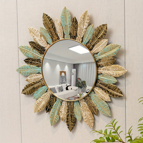 Bohemian Metal Wall Mirror | Teal & Gold Leaf Design – Home Decor, Wall Art