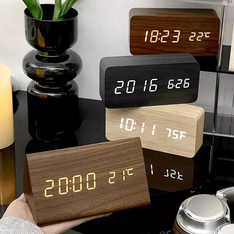 LED Smart Alarm Clock | Voice-Controlled Wooden Design – Home Office, Gift
