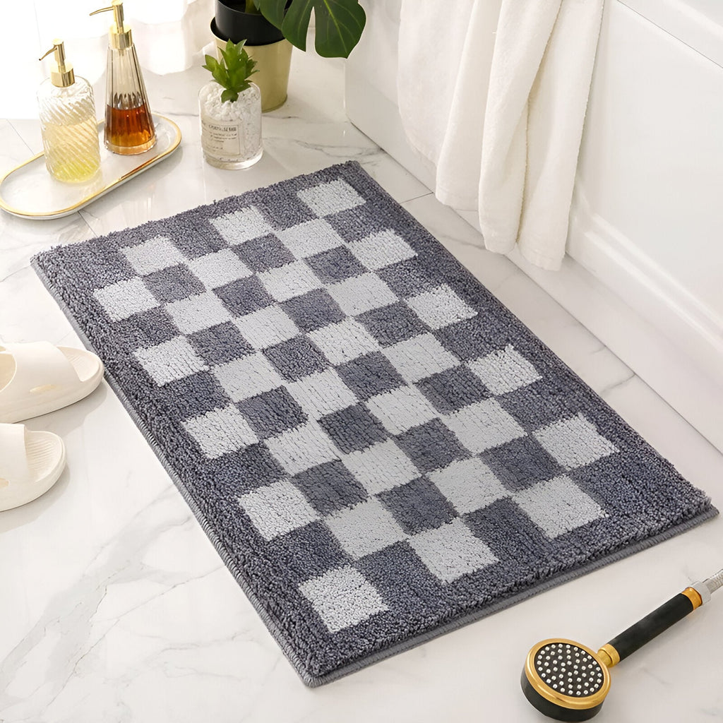 Plush Checkered Bath Mat – Bathroom Decor, Soft Comfort