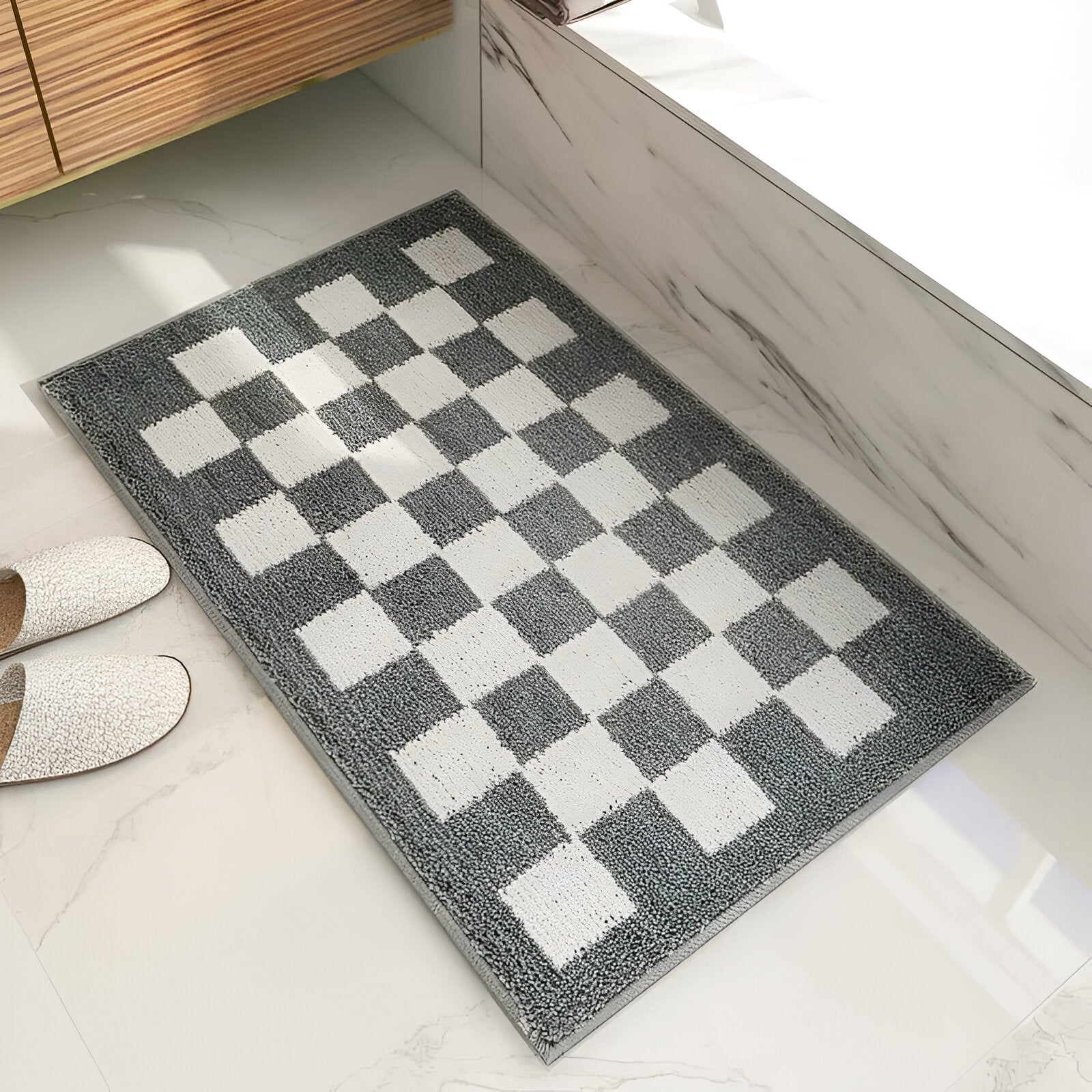 Plush Checkered Bath Mat – Bathroom Decor, Soft Comfort