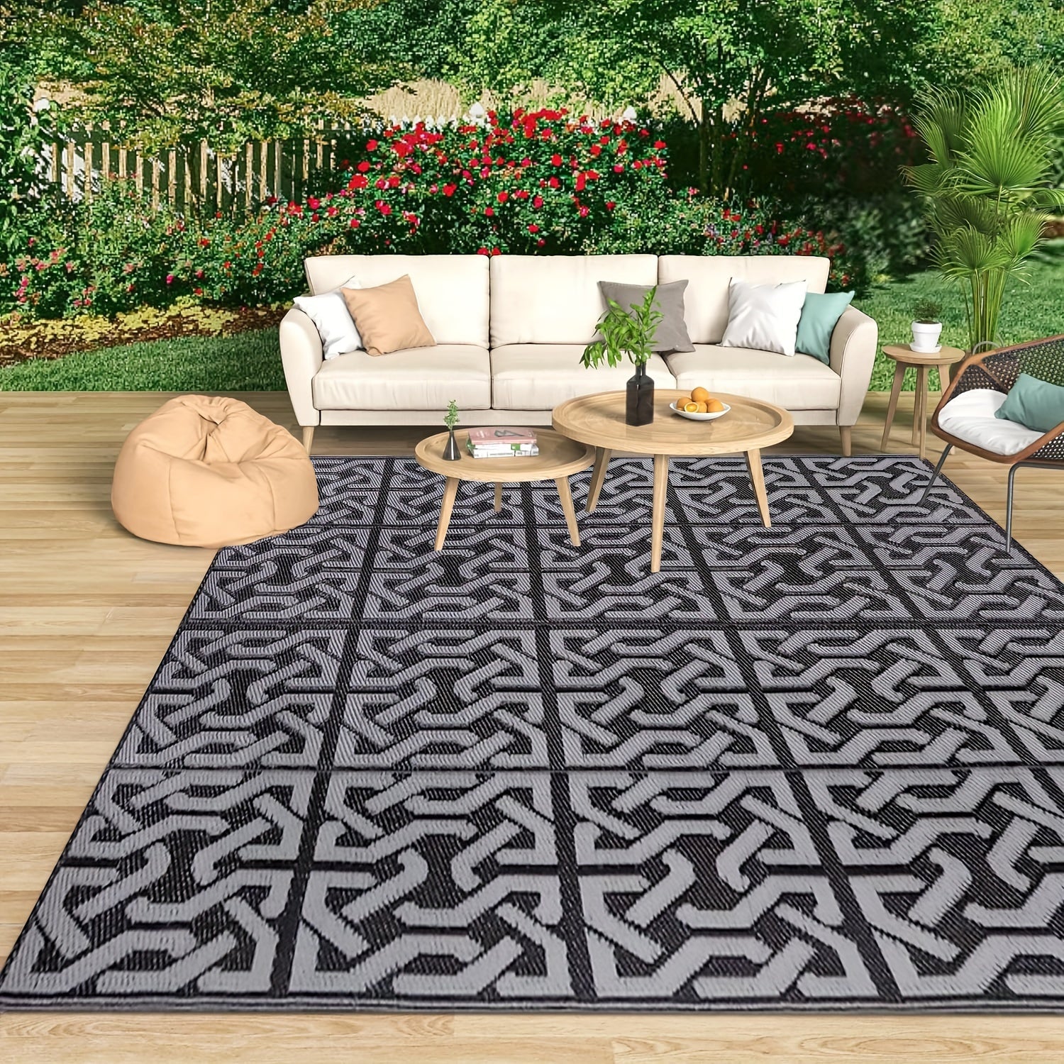 Reversible Outdoor Rug | Black & Grey | Modern Patio Mat – Garden, Camping