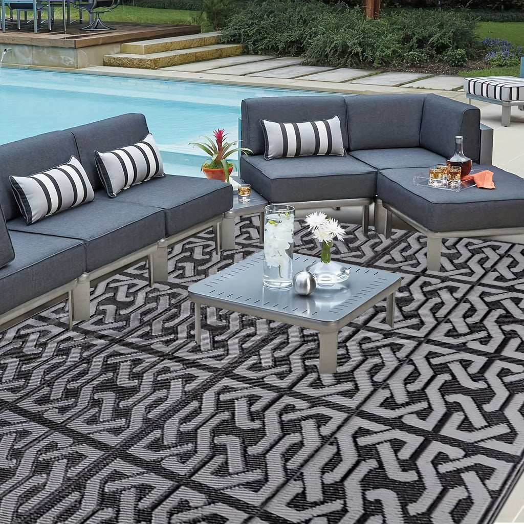 Reversible Outdoor Rug | Black & Grey Modern Patio Mat – Garden, Patio