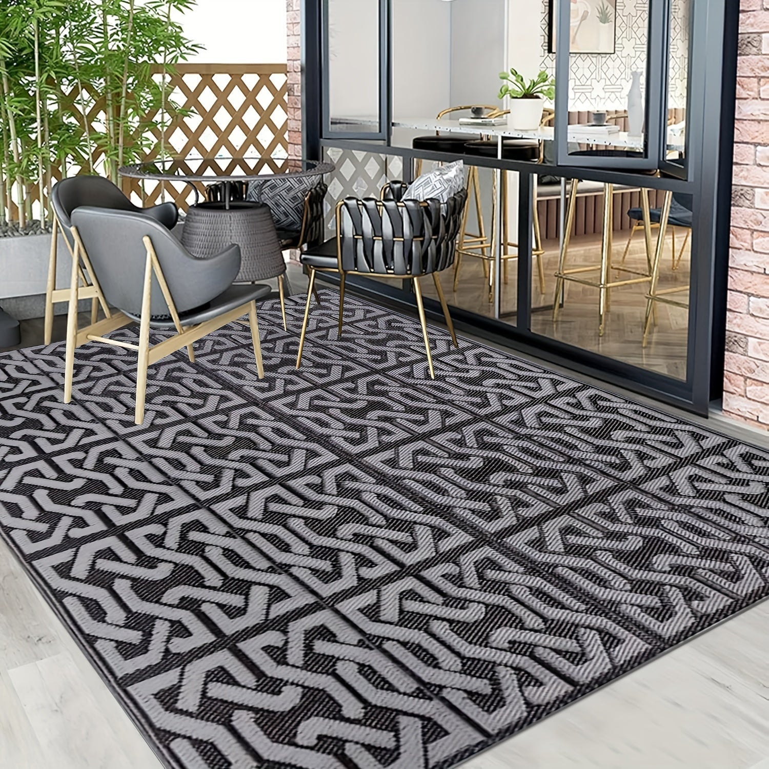 Reversible Outdoor Rug | Black & Grey Modern Patio Mat – Garden, Patio