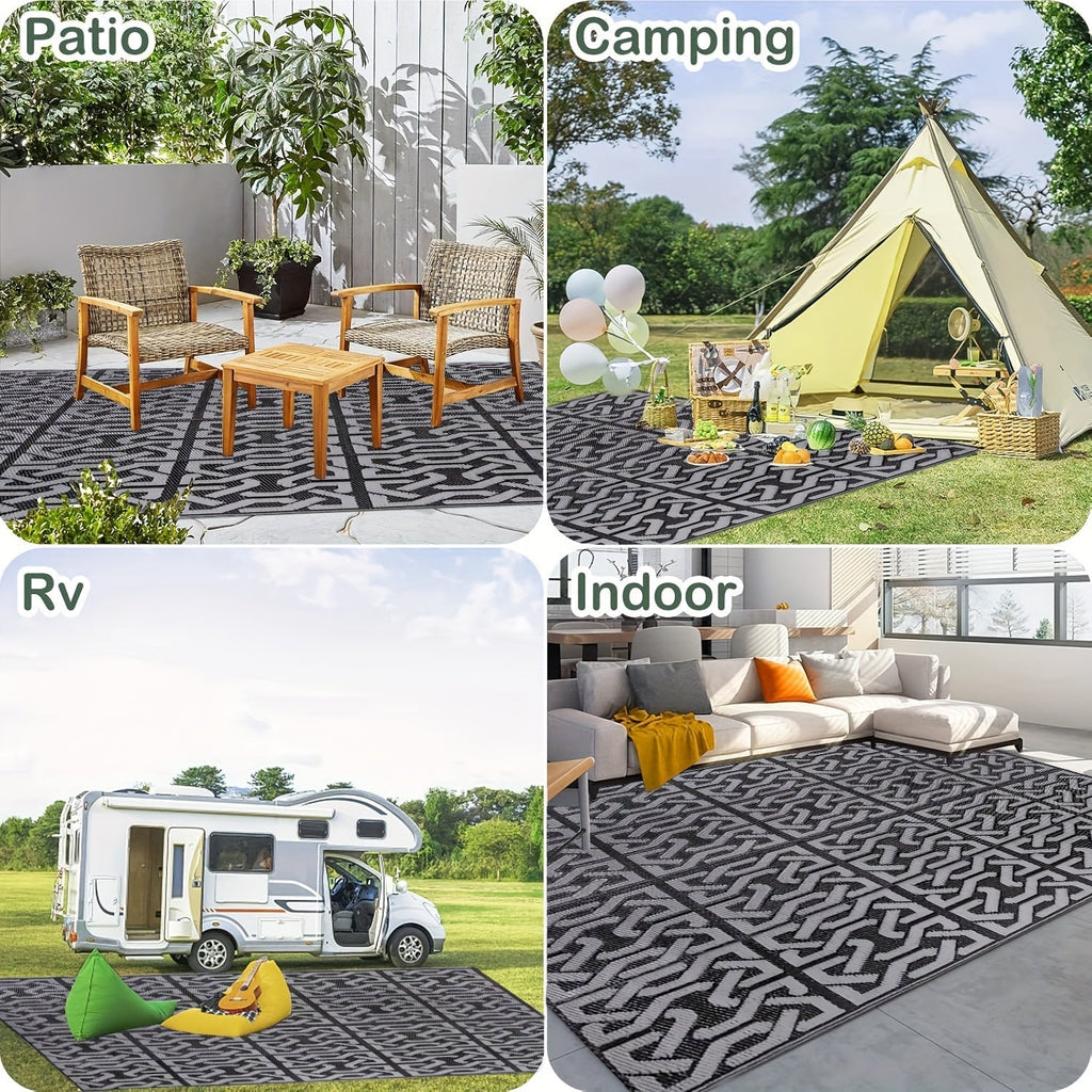 Reversible Outdoor Rug | Black & Grey Modern Patio Mat – Garden, Patio