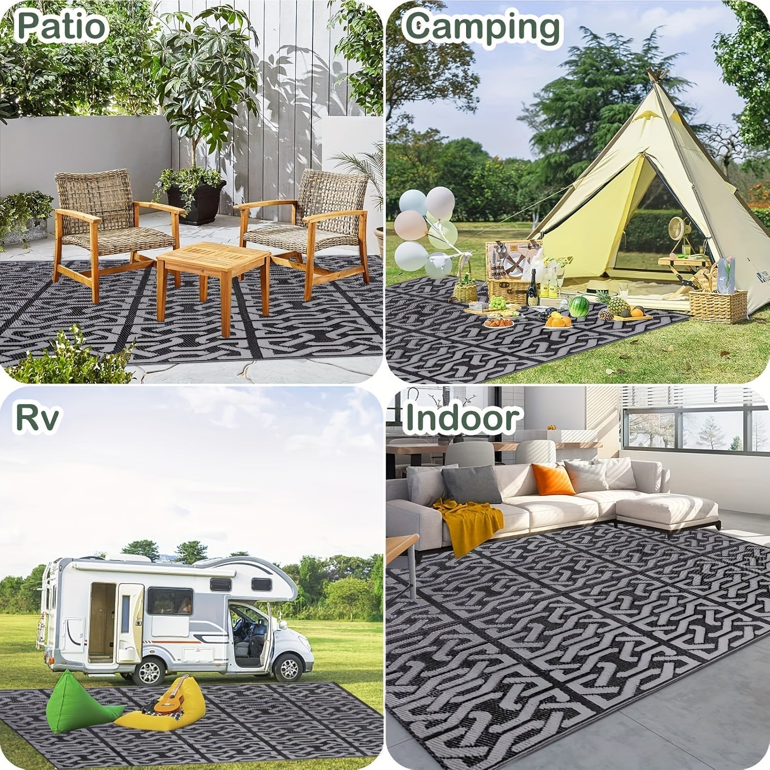 Reversible Outdoor Rug | Black & Grey Modern Patio Mat – Garden, Patio