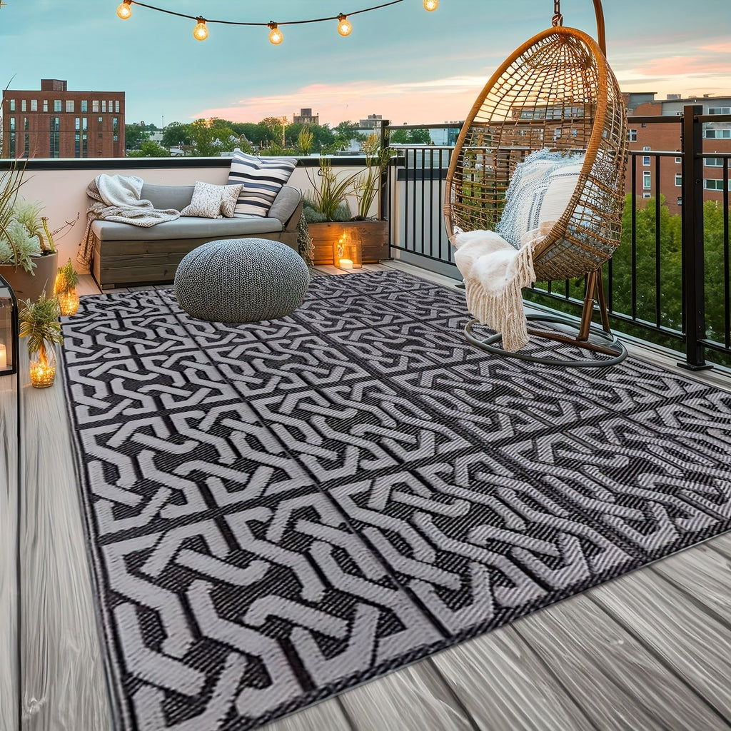 Reversible Outdoor Rug | Black & Grey Modern Patio Mat – Garden, Patio